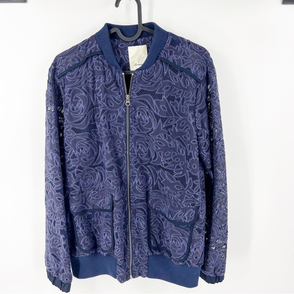 ✅ Anthropologie Elevenses Women’s Small Bomber Jacket Purple Eyelet Lace Mesh
